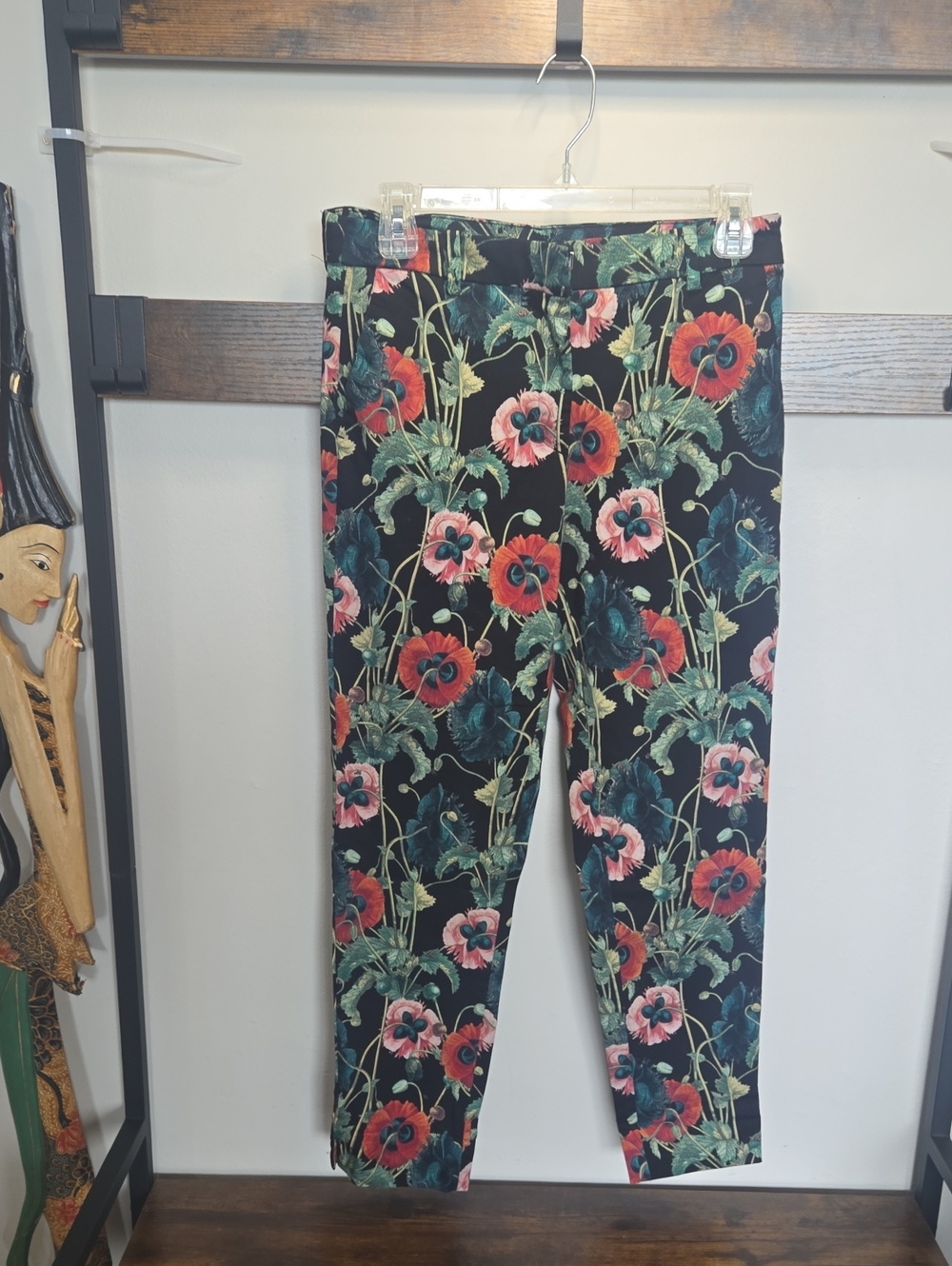 H&M Black Floral Slim Pants with Teal & Pink Accents